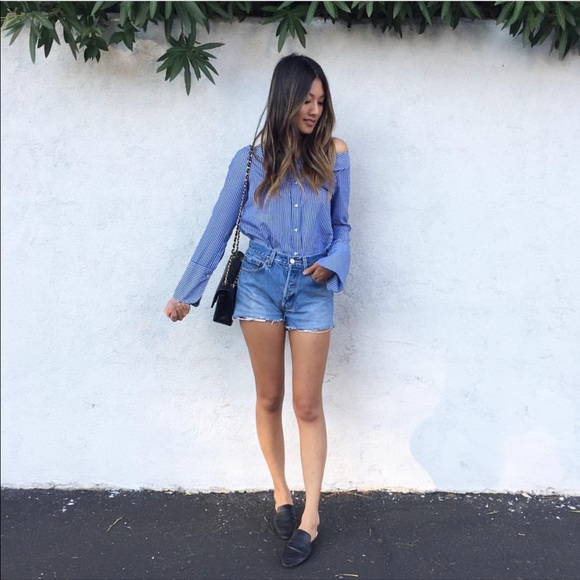 Zara blue white stripe off shoulder button down XS - Picture 2 of 6